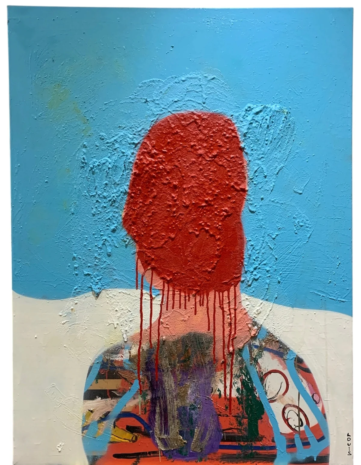 Man looks to the distance but still can’t see himself - mixed media on canvas