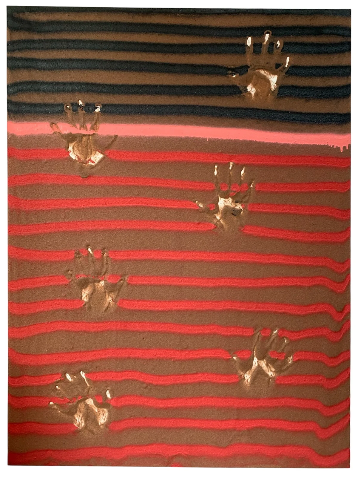 Hand prints are for the living not the dead, they are given not taken - mixed media on canvas 91 by 122cm